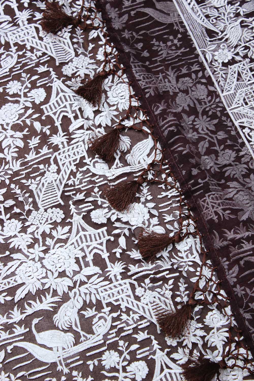Brown Embroidered Parsi Gara Organza Bird And Floral Design Saree - Luxurion World