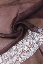 Brown Embroidered Parsi Gara Organza Bird And Floral Design Saree - Luxurion World