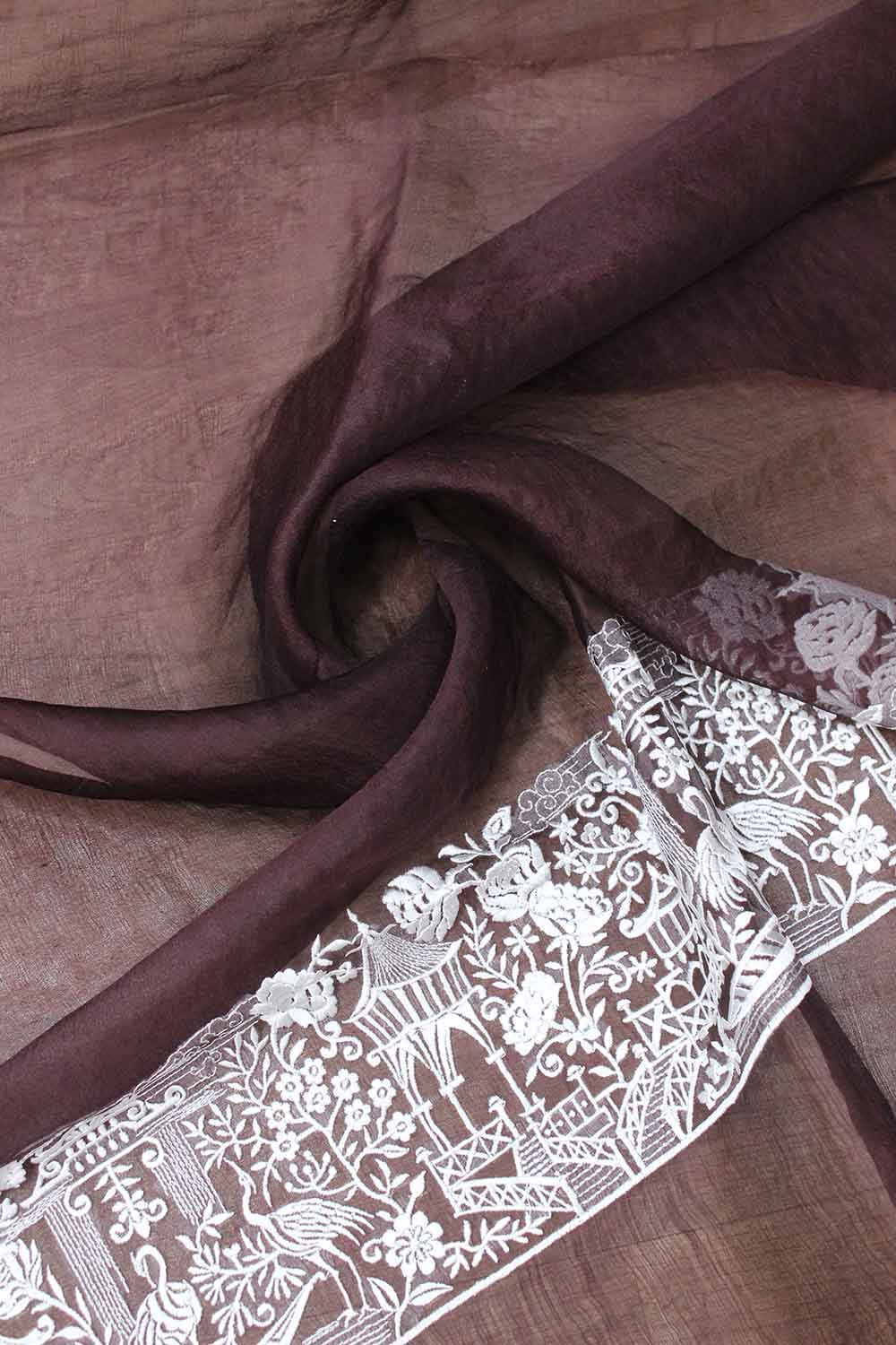 Brown Embroidered Parsi Gara Organza Bird And Floral Design Saree - Luxurion World
