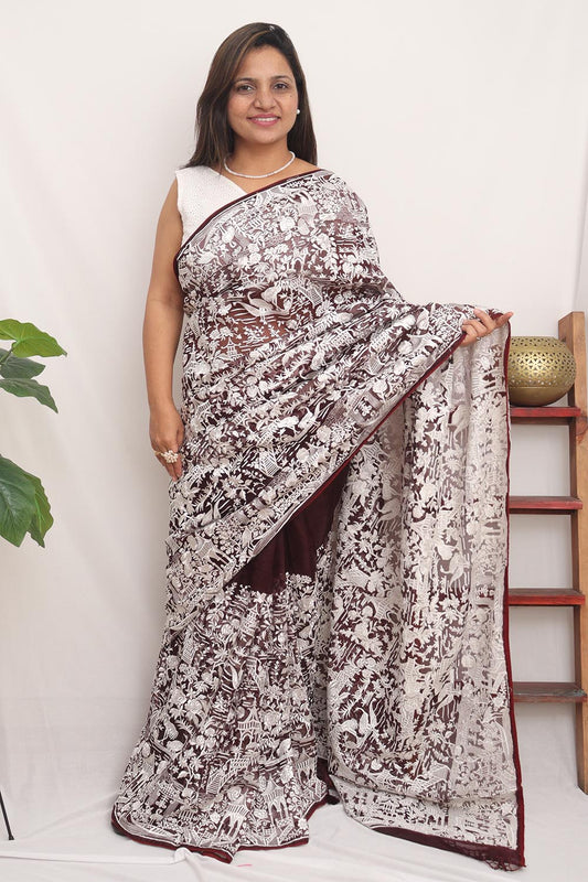 Brown Embroidered Parsi Gara Organza Bird And Floral Design Saree - Luxurion World