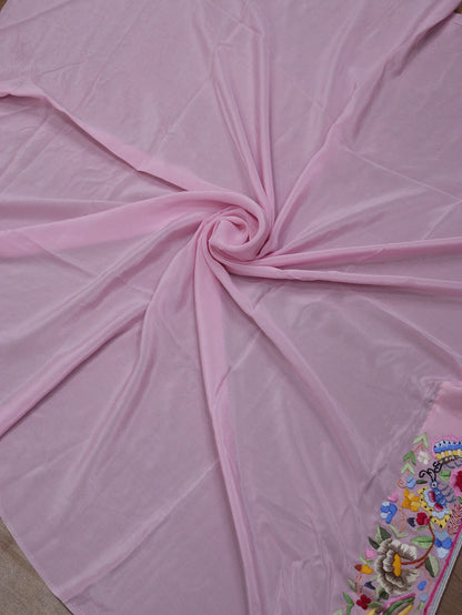 Pink Embroidered Parsi Gara Organza Floral Design Saree - Luxurion World
