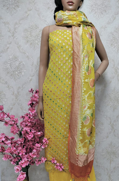 Yellow Handloom Banarasi Pure Georgette Georgette Brush Dye Unstitched Suit Set - Luxurionworld
