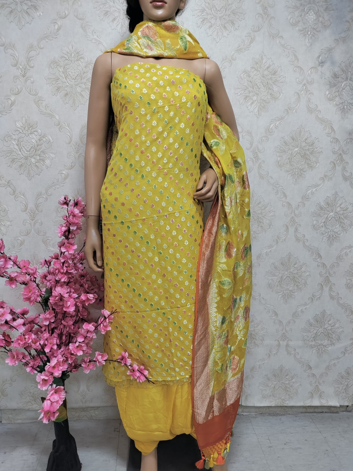 Yellow Handloom Banarasi Pure Georgette Georgette Brush Dye Unstitched Suit Set - Luxurion World
