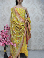 Yellow Handloom Banarasi Pure Georgette Georgette Brush Dye Unstitched Suit Set - Luxurion World
