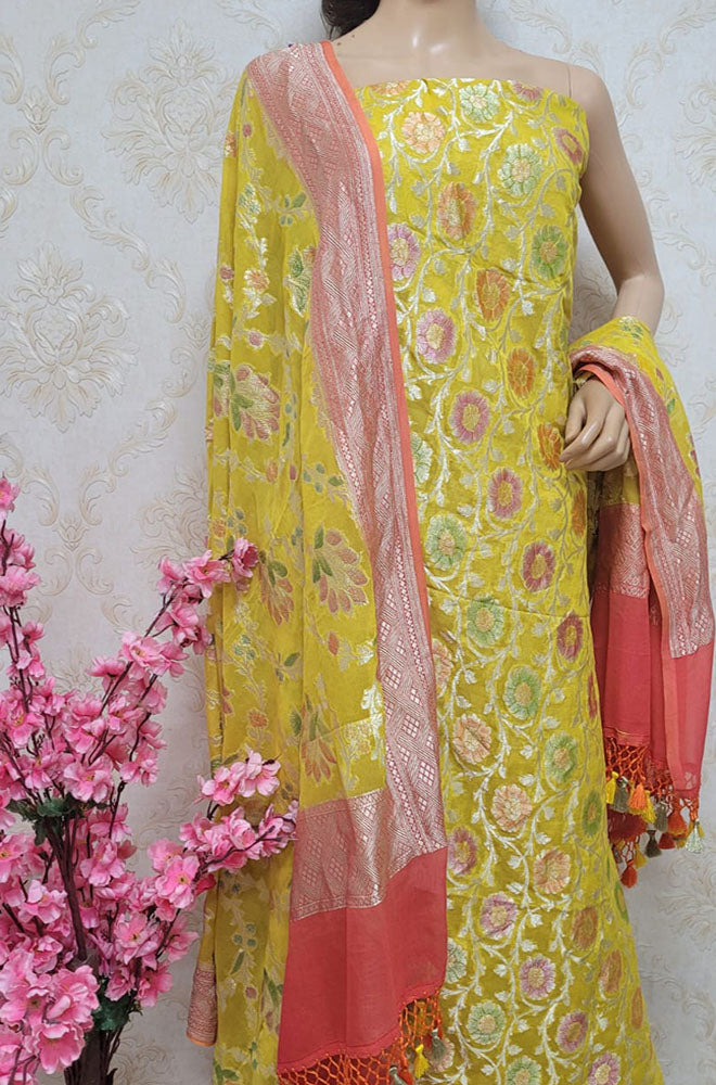 Yellow Handloom Banarasi Pure Georgette Georgette Brush Dye Unstitched Suit Set - Luxurion World