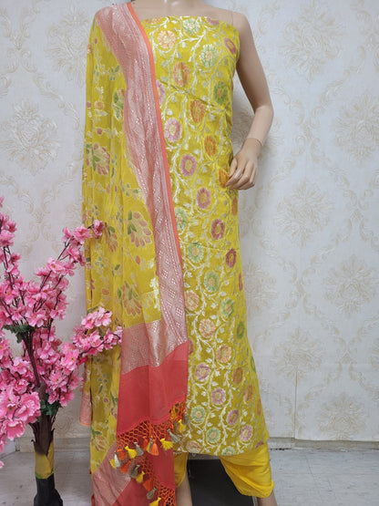 Yellow Handloom Banarasi Pure Georgette Georgette Brush Dye Unstitched Suit Set - Luxurion World