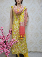 Yellow Handloom Banarasi Pure Georgette Georgette Brush Dye Unstitched Suit Set - Luxurion World