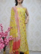Yellow Handloom Banarasi Pure Georgette Georgette Brush Dye Unstitched Suit Set - Luxurion World
