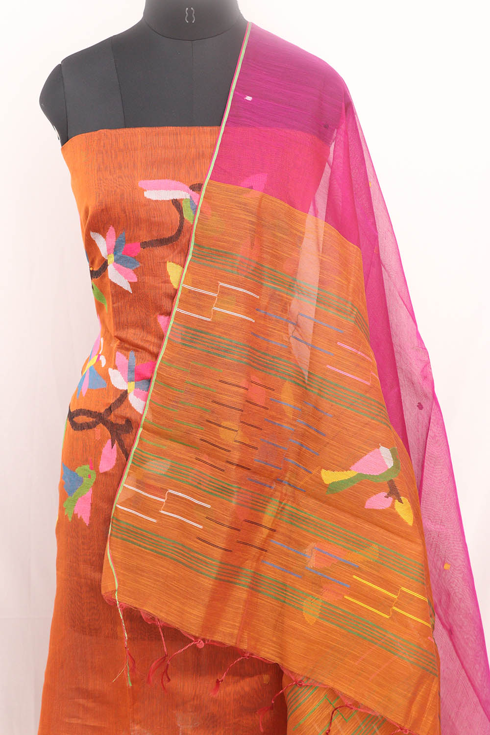Orange Jamdani Handloom Chanderi Silk Two Piece Unstitched Suit Set - Luxurion World