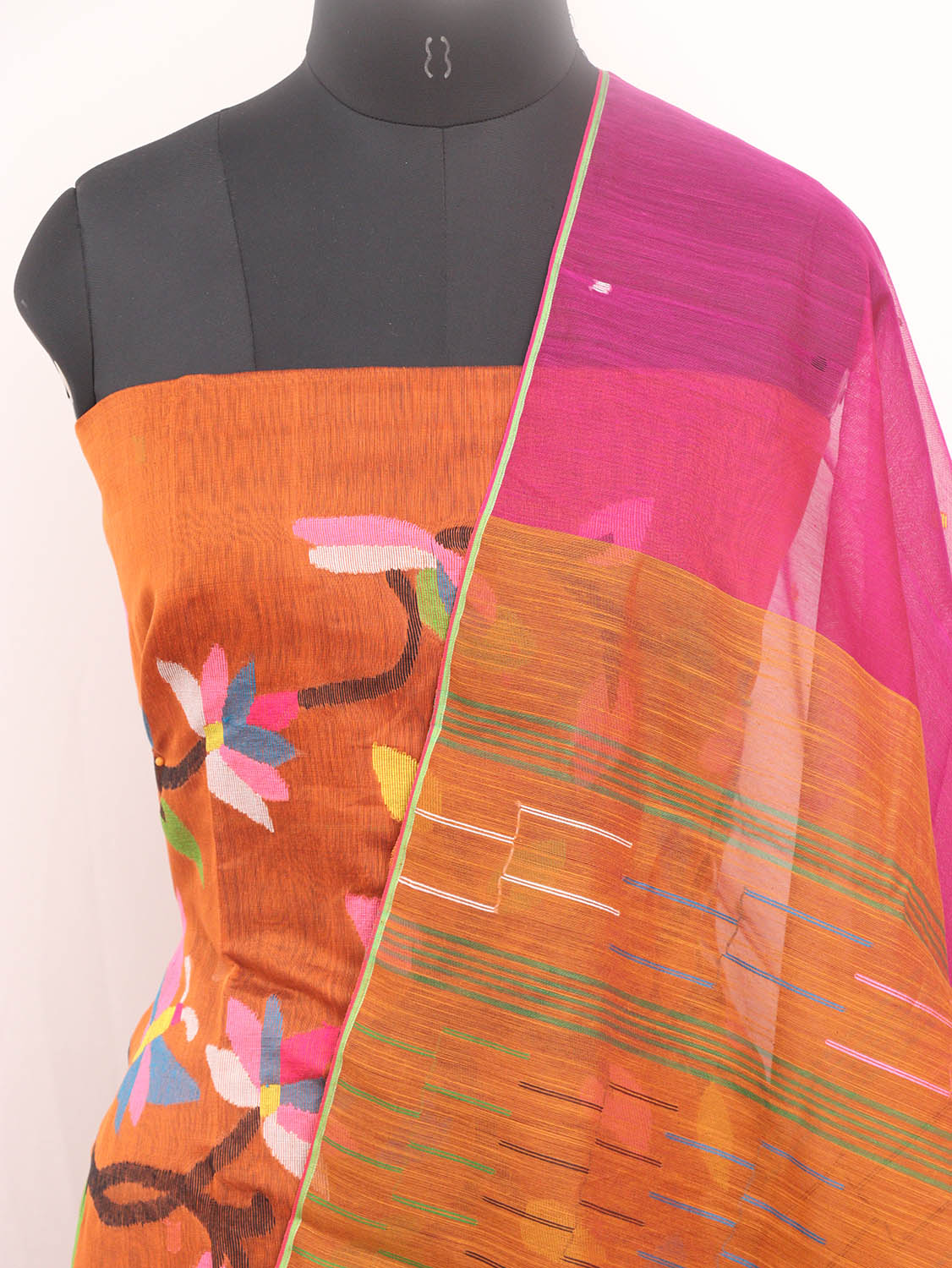 Orange Jamdani Handloom Chanderi Silk Two Piece Unstitched Suit Set - Luxurion World