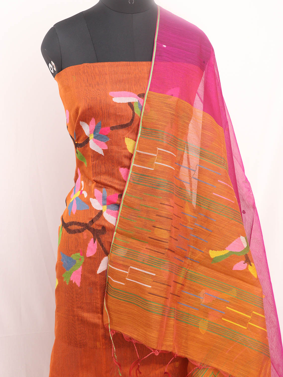 Orange Jamdani Handloom Chanderi Silk Two Piece Unstitched Suit Set - Luxurion World