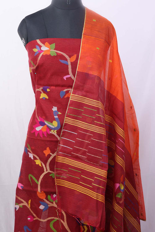 Red Jamdani Handloom Chanderi Silk Two Piece Unstitched Suit Set