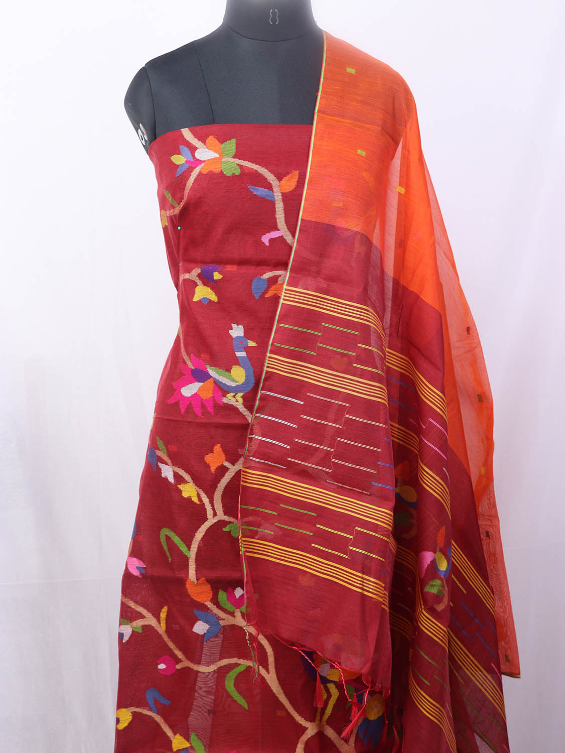 Red Jamdani Handloom Chanderi Silk Two Piece Unstitched Suit Set - Luxurion World