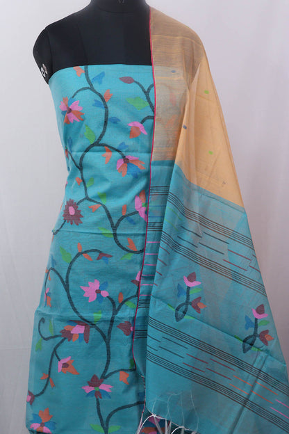 Blue Jamdani Handloom Chanderi Silk Two Piece Unstitched Suit Set - Luxurion World