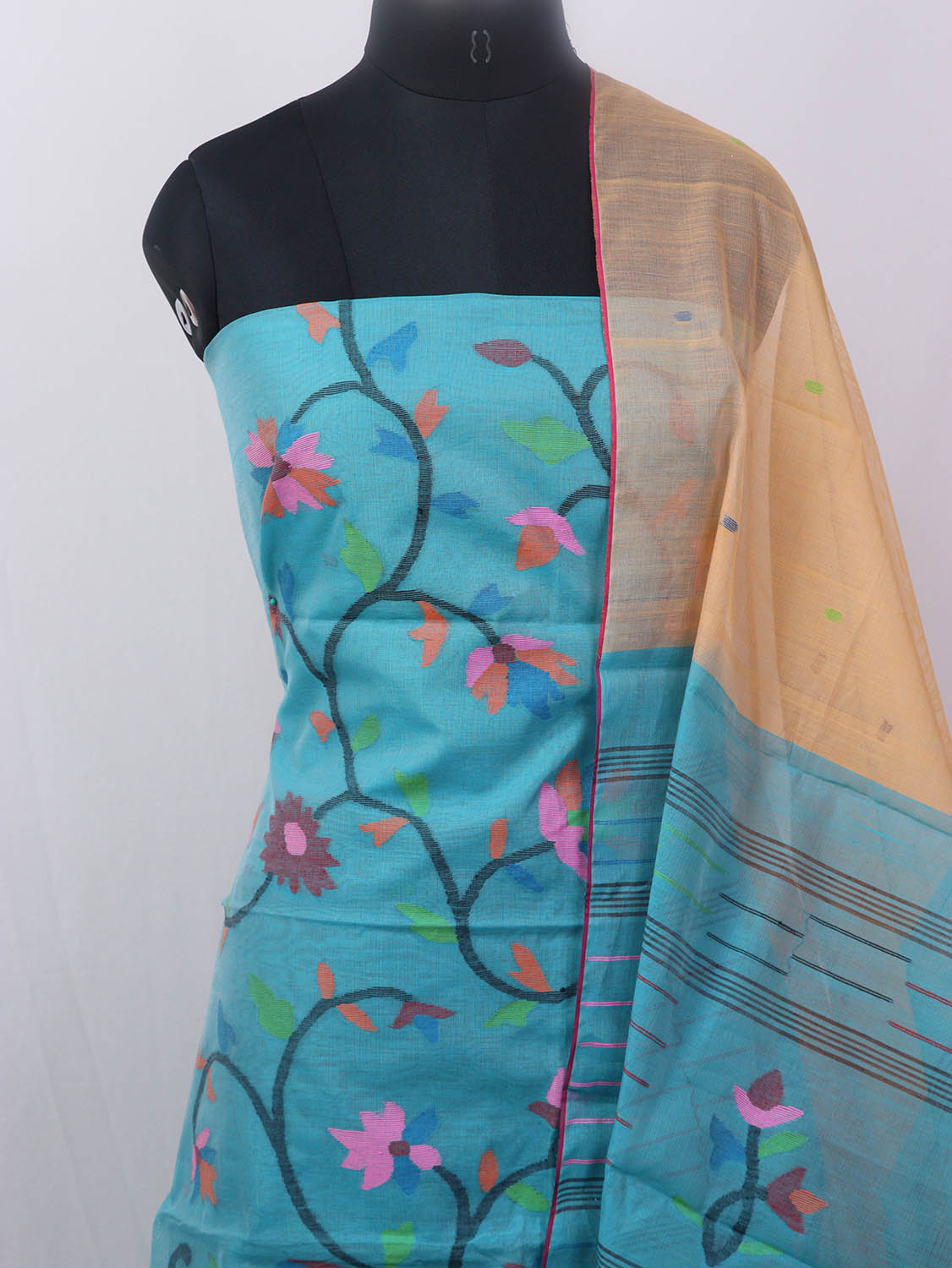 Blue Jamdani Handloom Chanderi Silk Two Piece Unstitched Suit Set
