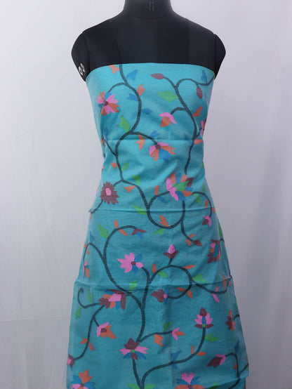 Blue Jamdani Handloom Chanderi Silk Two Piece Unstitched Suit Set - Luxurion World