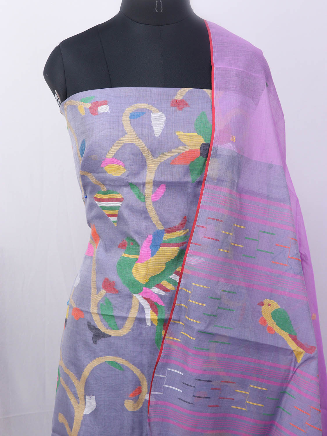 Purple Jamdani Handloom Chanderi Silk Two Piece Unstitched Suit Set - Luxurion World