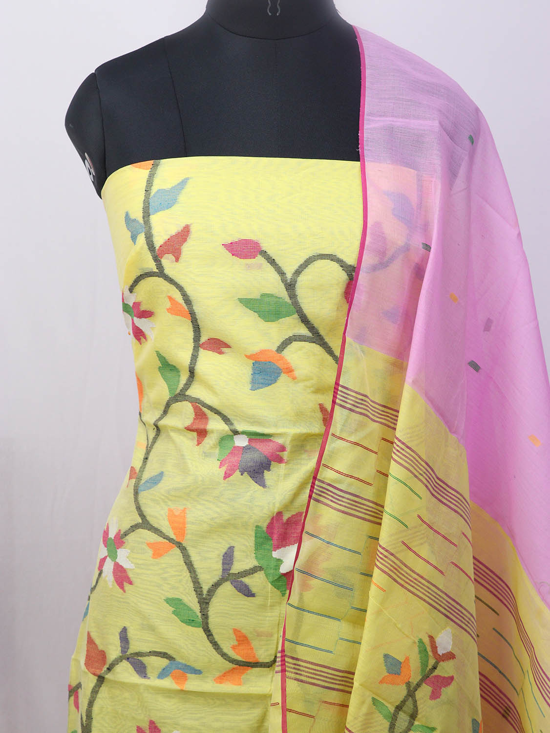 Yellow Jamdani Handloom Chanderi Silk Two Piece Unstitched Suit Set - Luxurion World