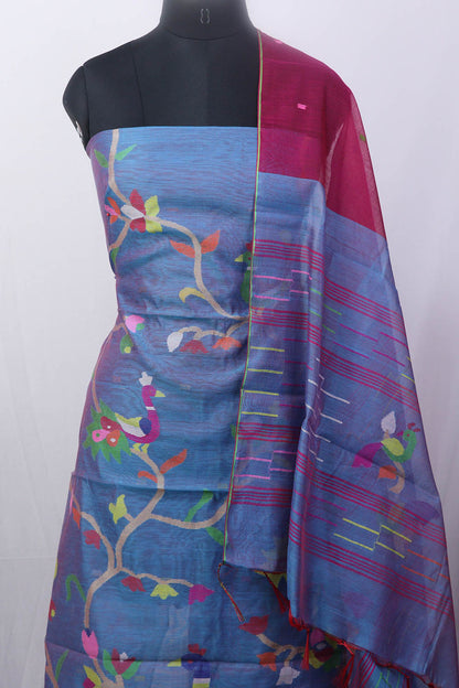 Blue Jamdani Handloom Chanderi Silk Two Piece Unstitched Suit Set