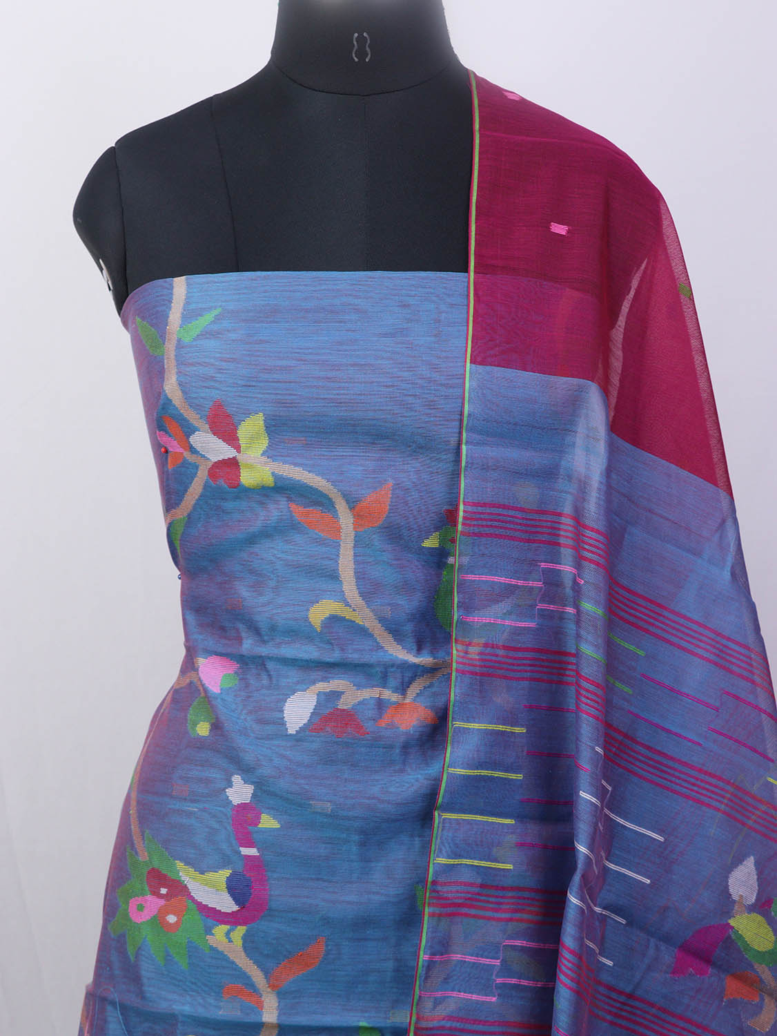 Blue Jamdani Handloom Chanderi Silk Two Piece Unstitched Suit Set - Luxurion World