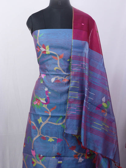 Blue Jamdani Handloom Chanderi Silk Two Piece Unstitched Suit Set - Luxurion World