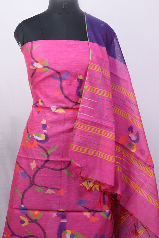 Pink Jamdani Handloom Chanderi Silk Two Piece Unstitched Suit Set