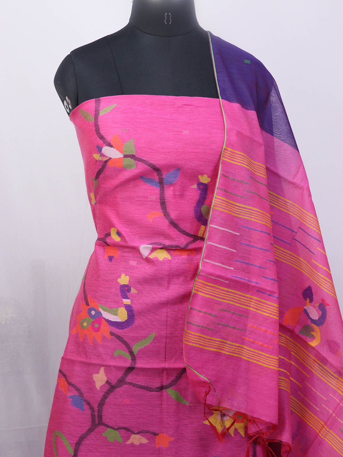 Pink Jamdani Handloom Chanderi Silk Two Piece Unstitched Suit Set - Luxurion World