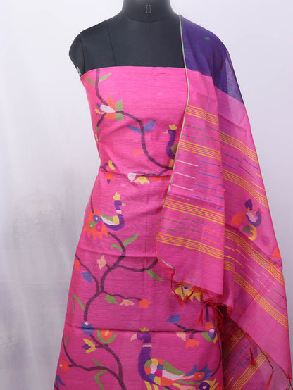 Pink Jamdani Handloom Chanderi Silk Two Piece Unstitched Suit Set - Luxurion World
