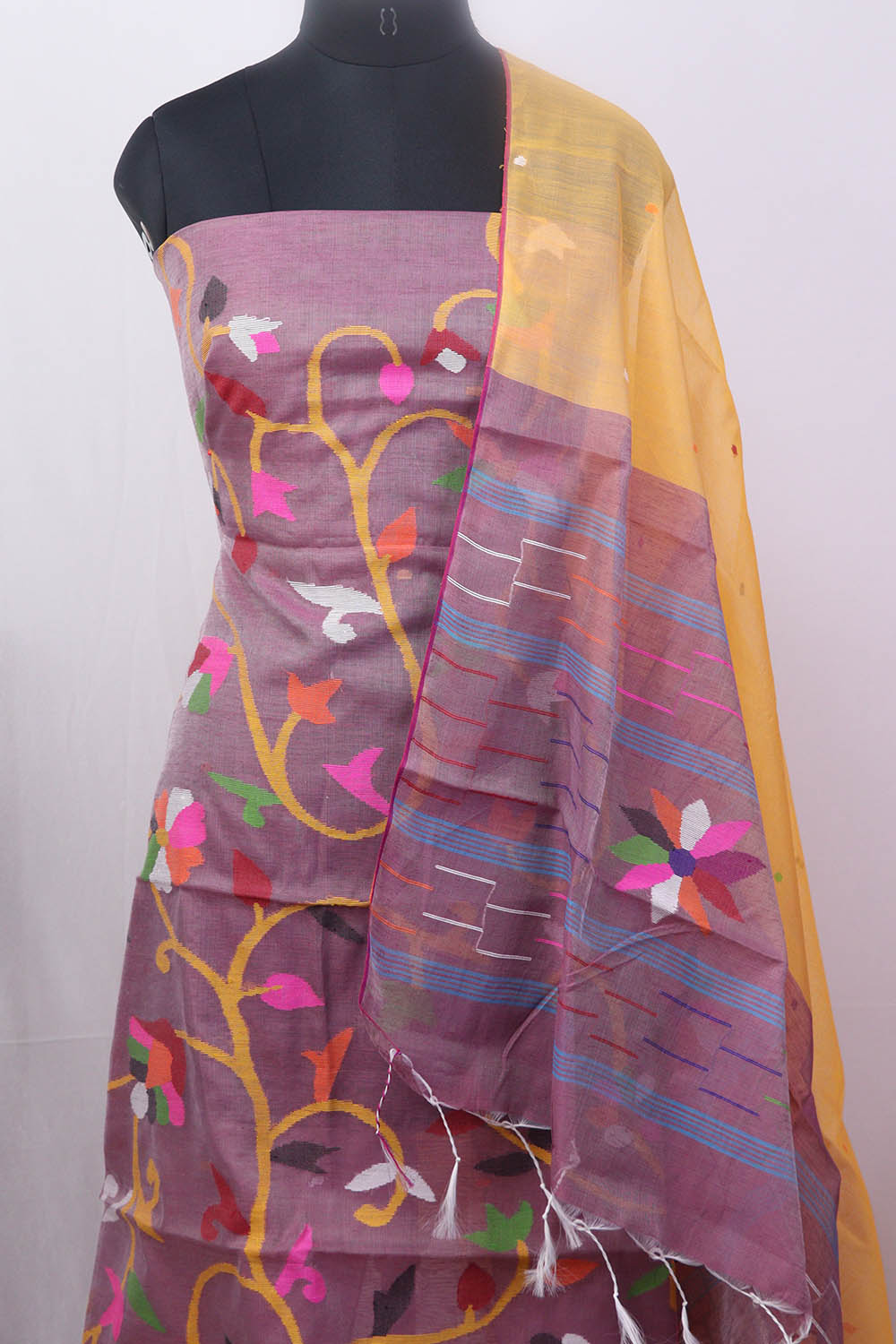 Purple Jamdani Handloom Chanderi Silk Two Piece Unstitched Suit Set