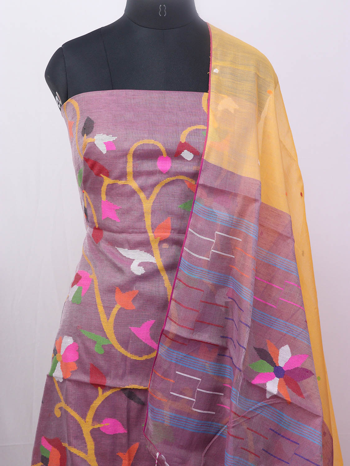 Purple Jamdani Handloom Chanderi Silk Two Piece Unstitched Suit Set - Luxurion World
