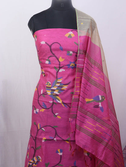 Pink Jamdani Handloom Chanderi Silk Two Piece Unstitched Suit Set - Luxurion World