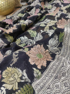 Black Handloom Banarasi Brush Dye Pure Georgette Dupatta - Luxurion World