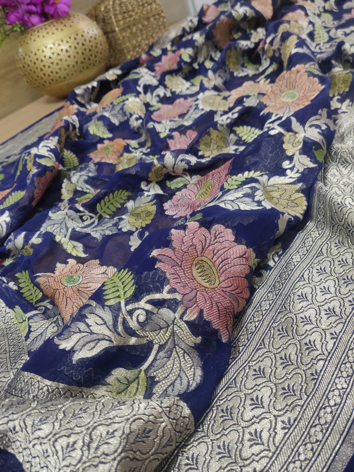 Blue Handloom Banarasi Brush Dye Pure Georgette Dupatta - Luxurion World