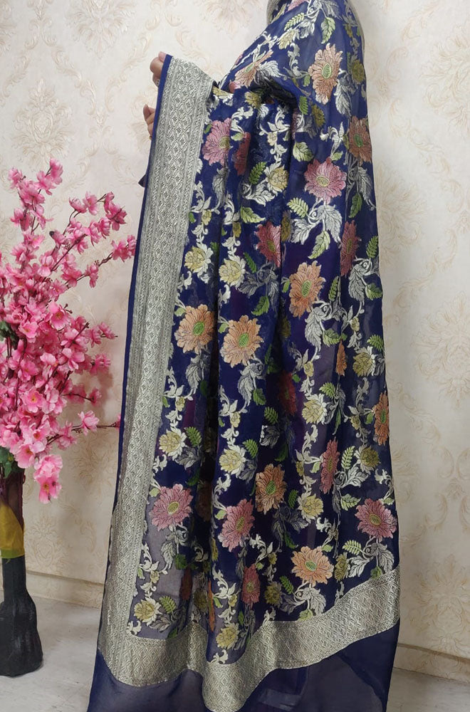 Blue Handloom Banarasi Brush Dye Pure Georgette Dupatta - Luxurion World