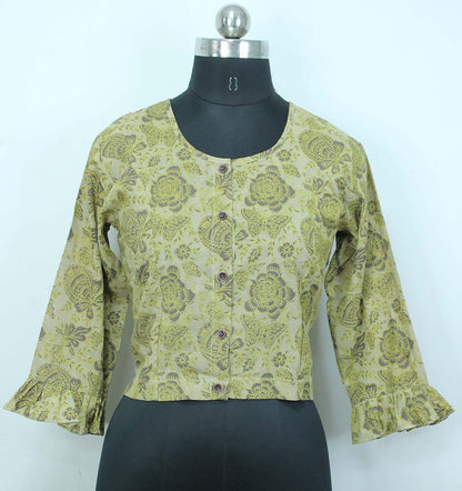 Pastel Ajrakh Block Printed Cotton Crop Top Stitched Blouse - Luxurion World