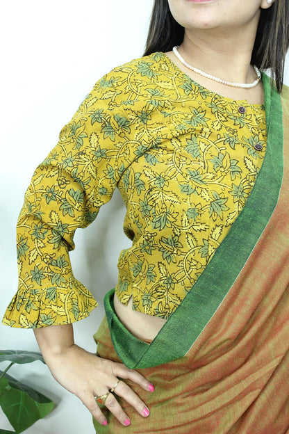 Yellow Ajrakh Block Printed Cotton Crop Top Stitched Blouse