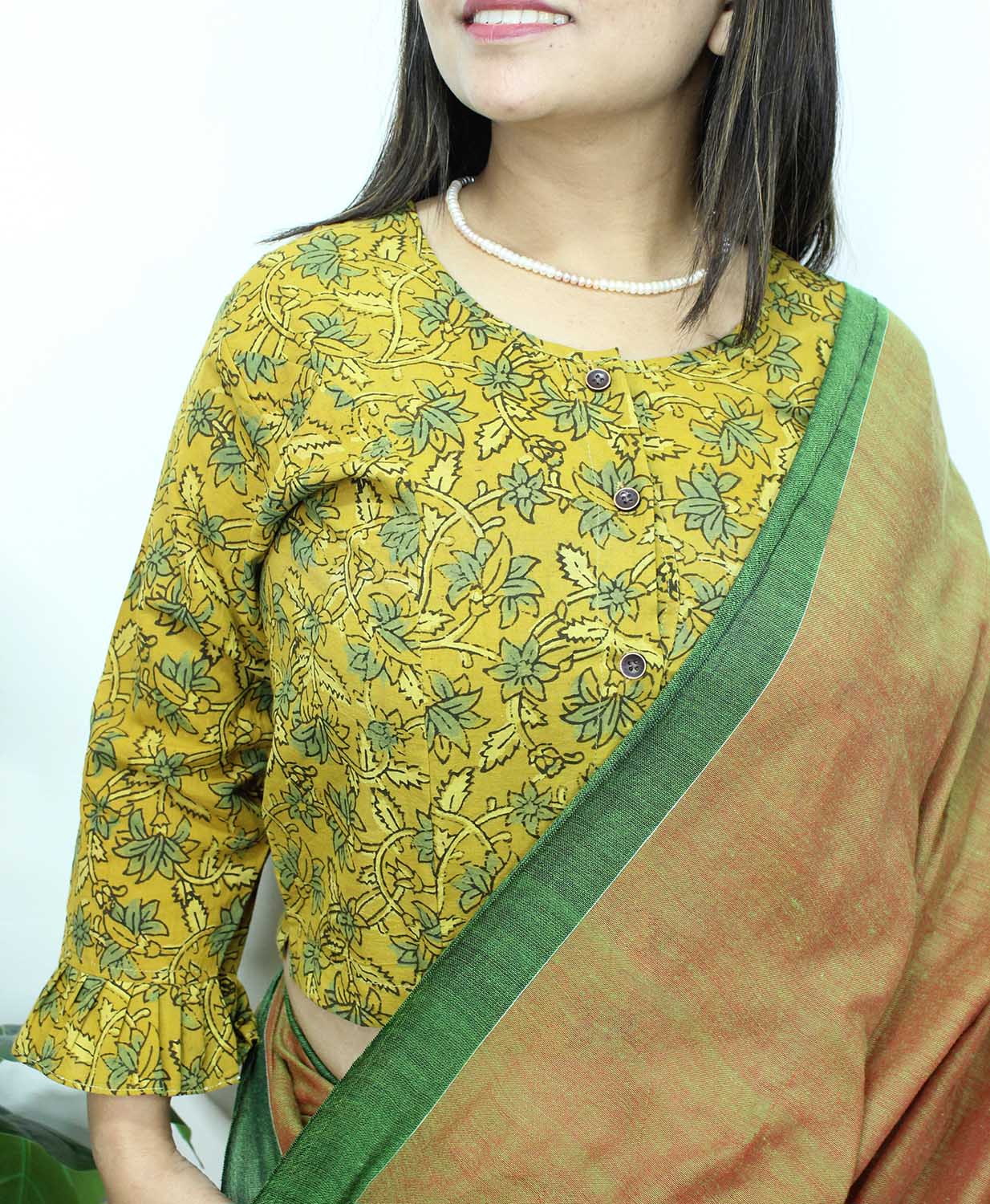 Yellow Ajrakh Block Printed Cotton Crop Top Stitched Blouse - Luxurion World