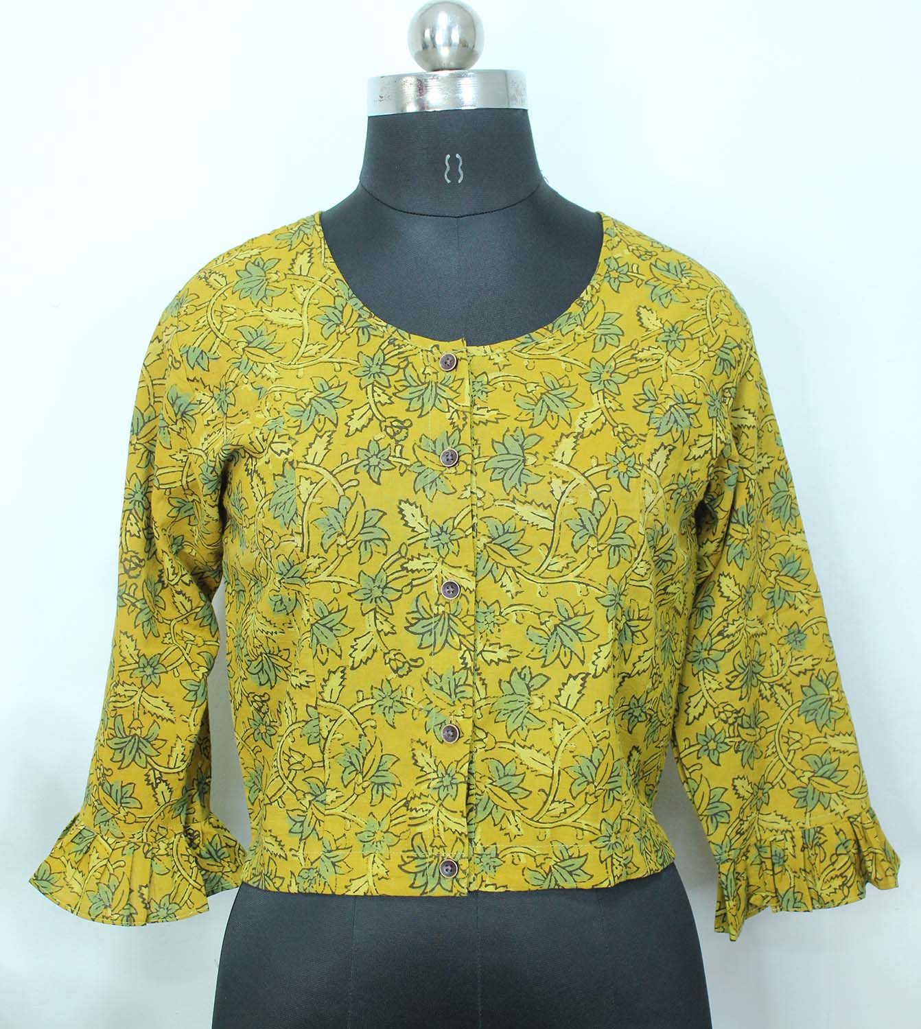 Yellow Ajrakh Block Printed Cotton Crop Top Stitched Blouse