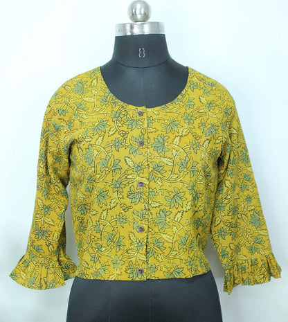 Yellow Ajrakh Block Printed Cotton Crop Top Stitched Blouse - Luxurion World