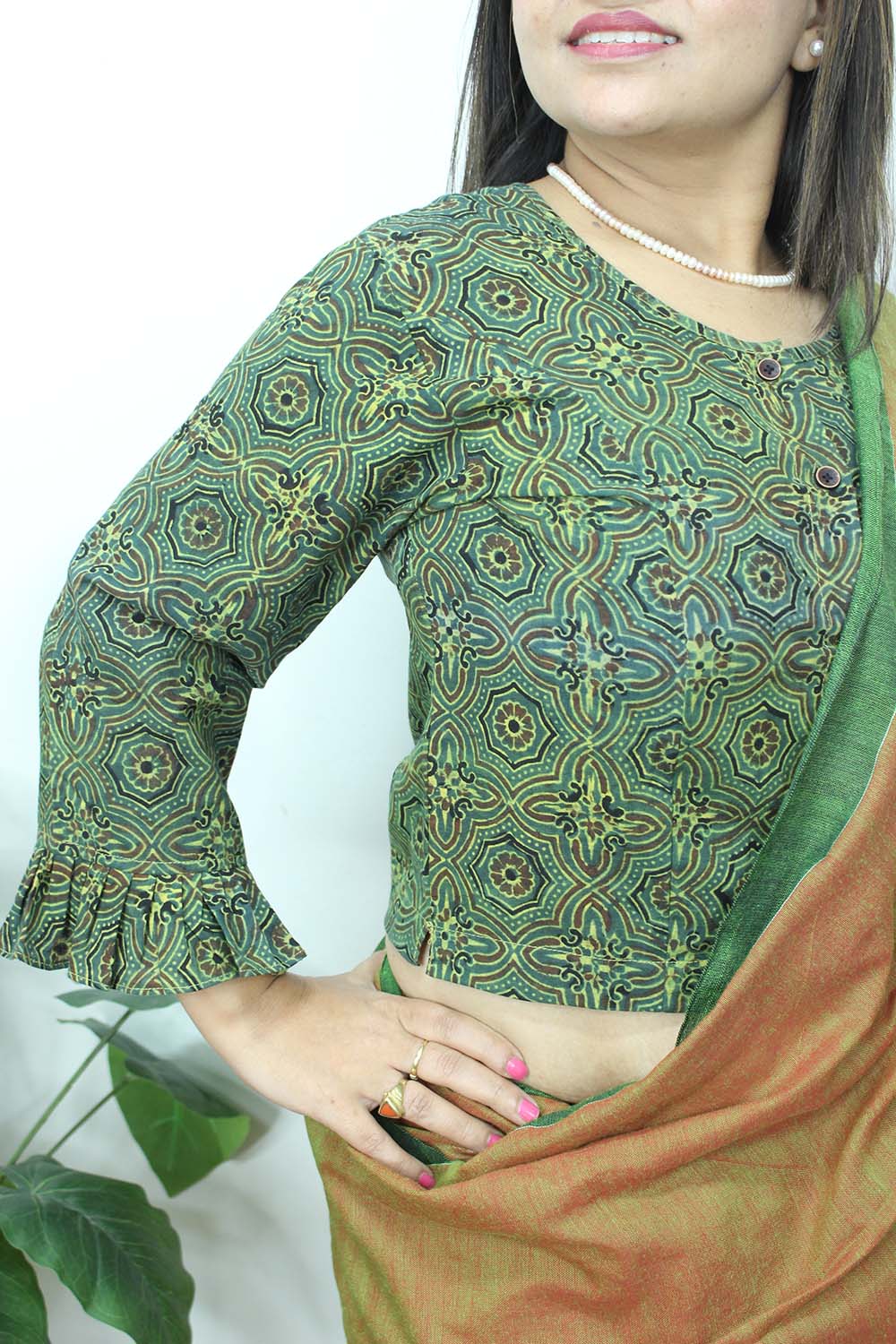 Green Ajrakh Block Printed Cotton Crop Top Stitched Blouse - Luxurion World