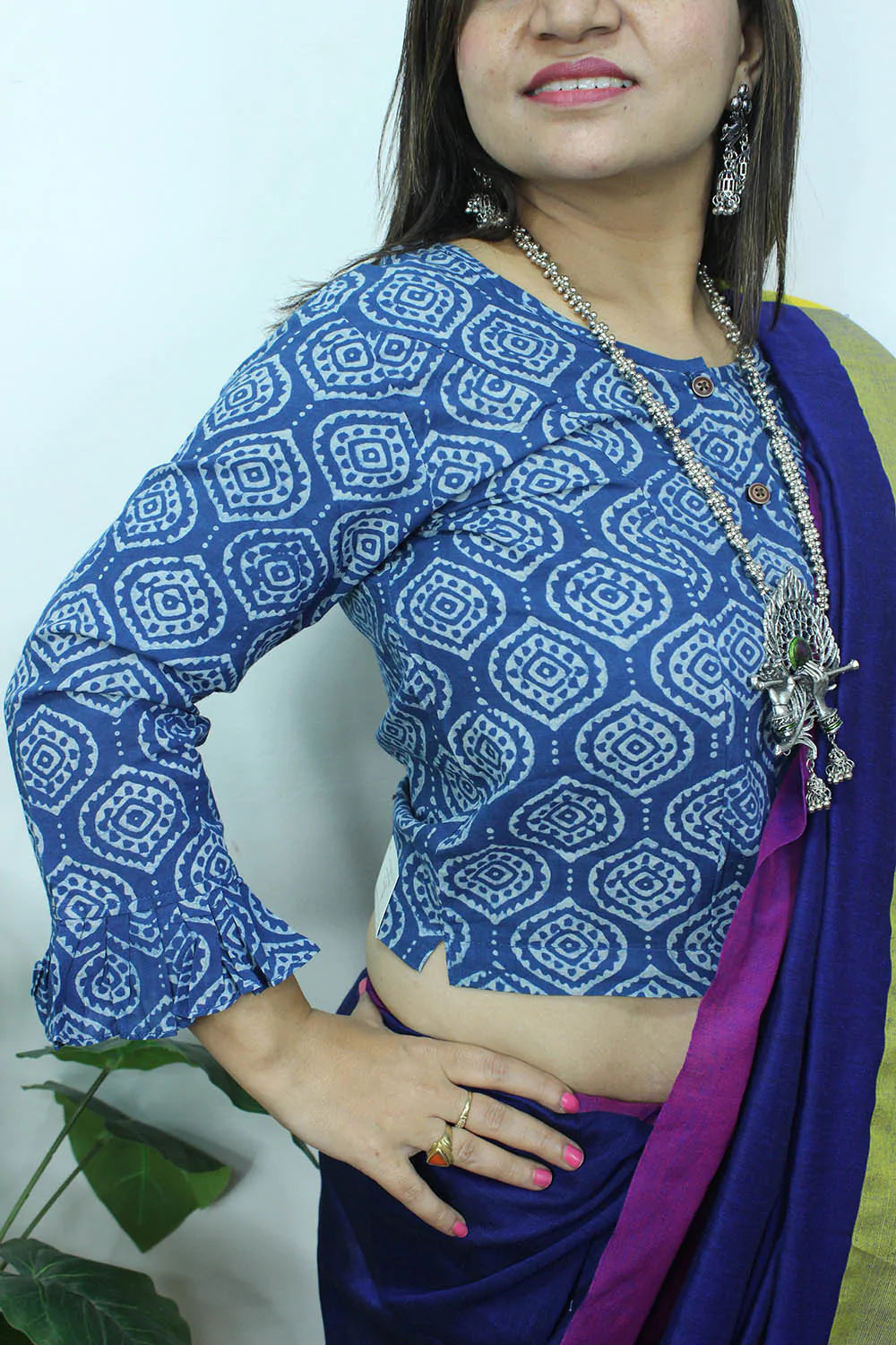 Blue Ajrakh Block Printed Cotton Crop Top Stitched Blouse - Luxurion World