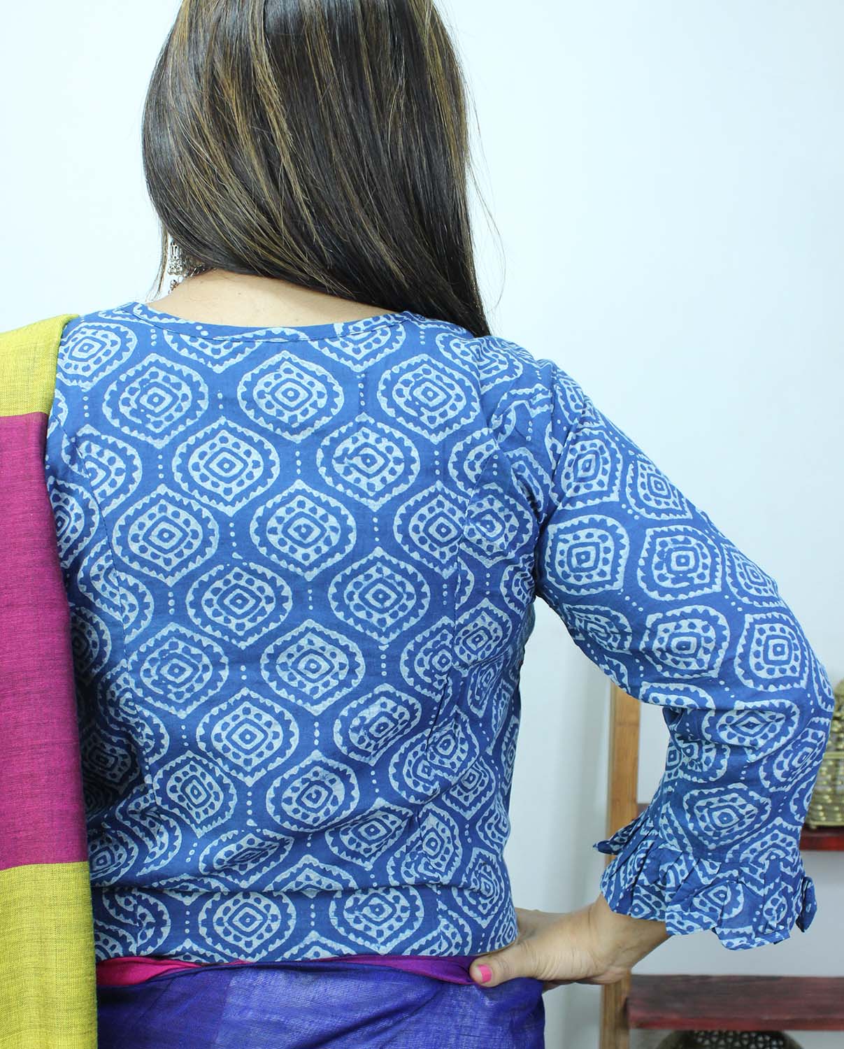 Blue Ajrakh Block Printed Cotton Crop Top Stitched Blouse