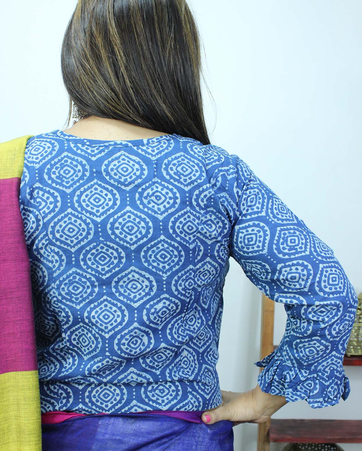 Blue Ajrakh Block Printed Cotton Crop Top Stitched Blouse - Luxurion World