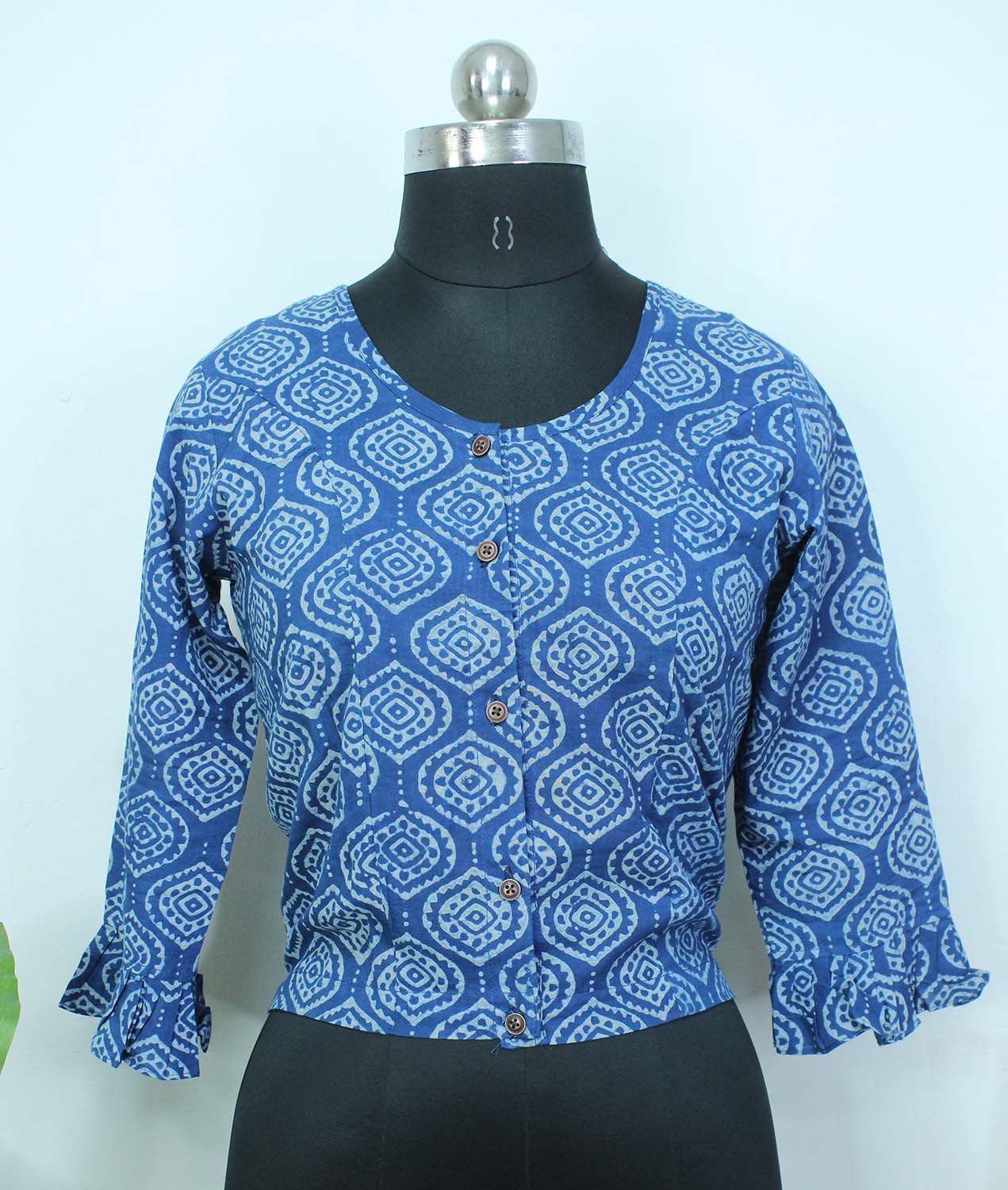Blue Ajrakh Block Printed Cotton Crop Top Stitched Blouse - Luxurion World