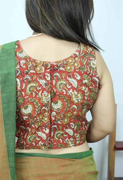 Red Ajrakh Block Printed Cotton Sleeveless Stitched Blouse - Luxurion World