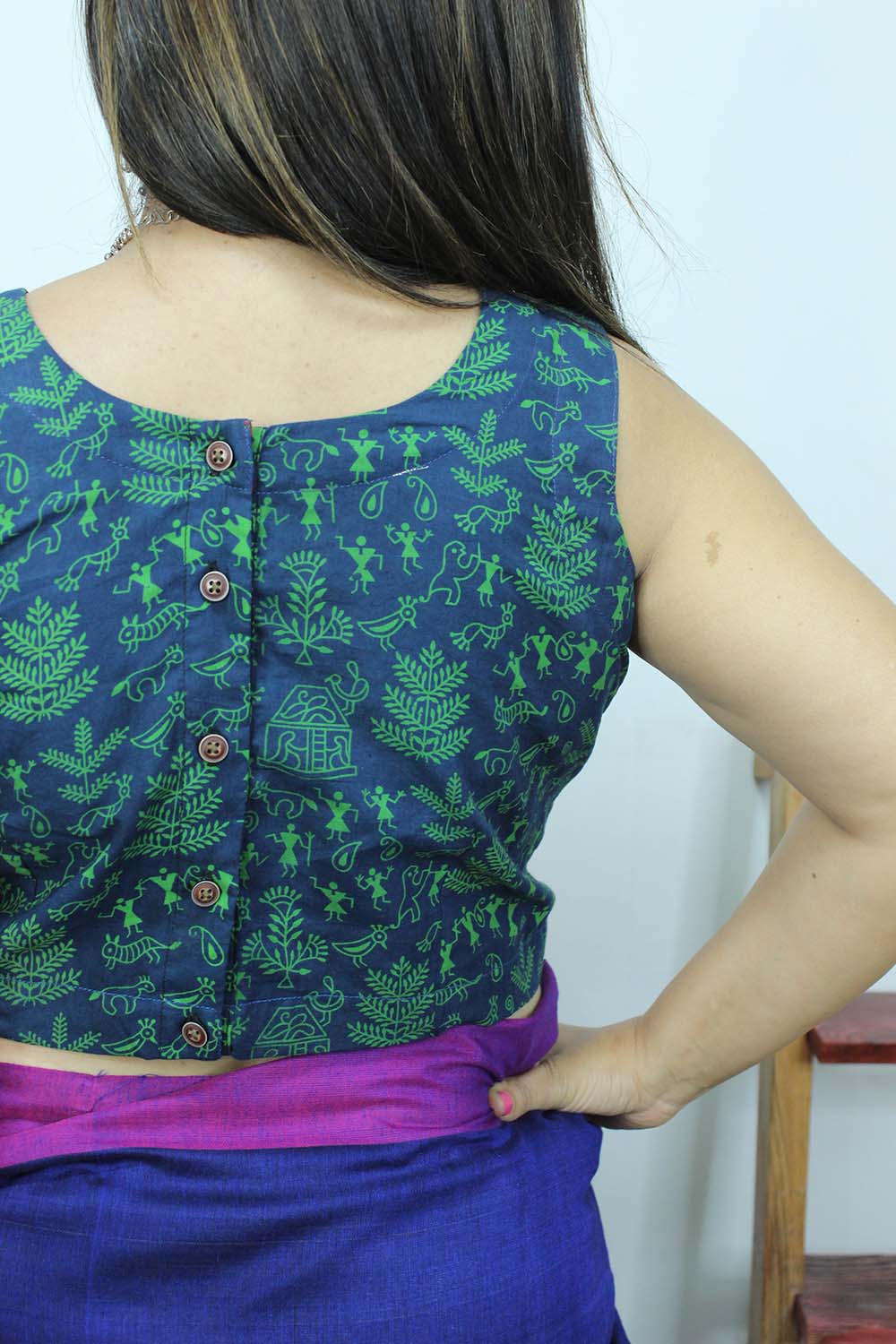 Blue Ajrakh Block Printed Cotton Sleeveless Stitched Blouse - Luxurion World