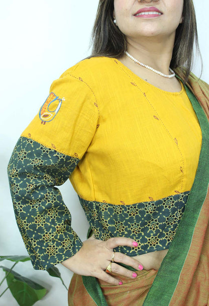 Yellow And Green Ajrakh Block Printed Cotton Stitched Blouse
