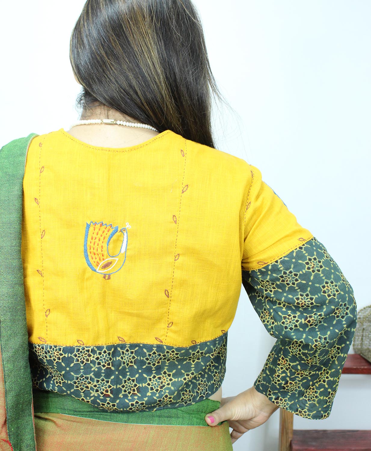 Yellow And Green Ajrakh Block Printed Cotton Stitched Blouse
