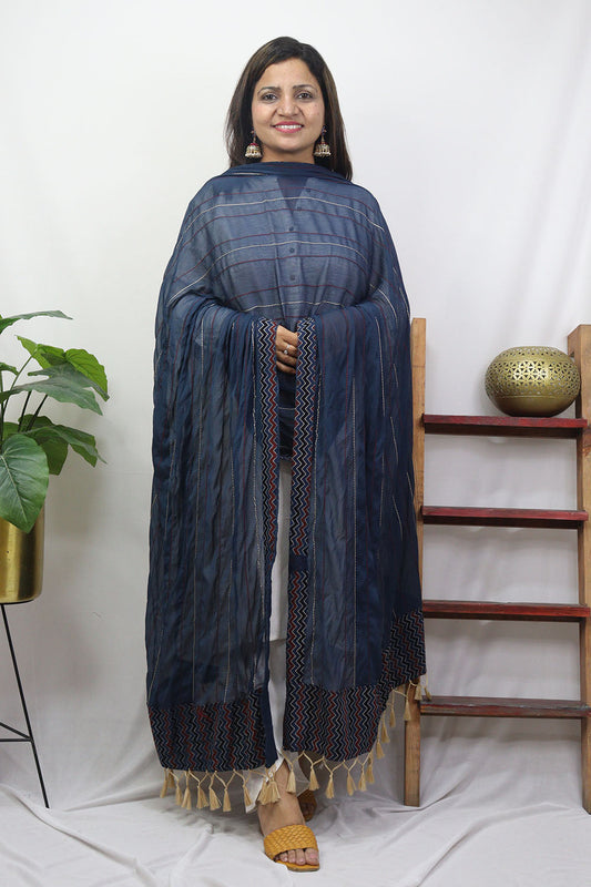 Blue Ajrakh Chiffon Dupatta - Luxurion World