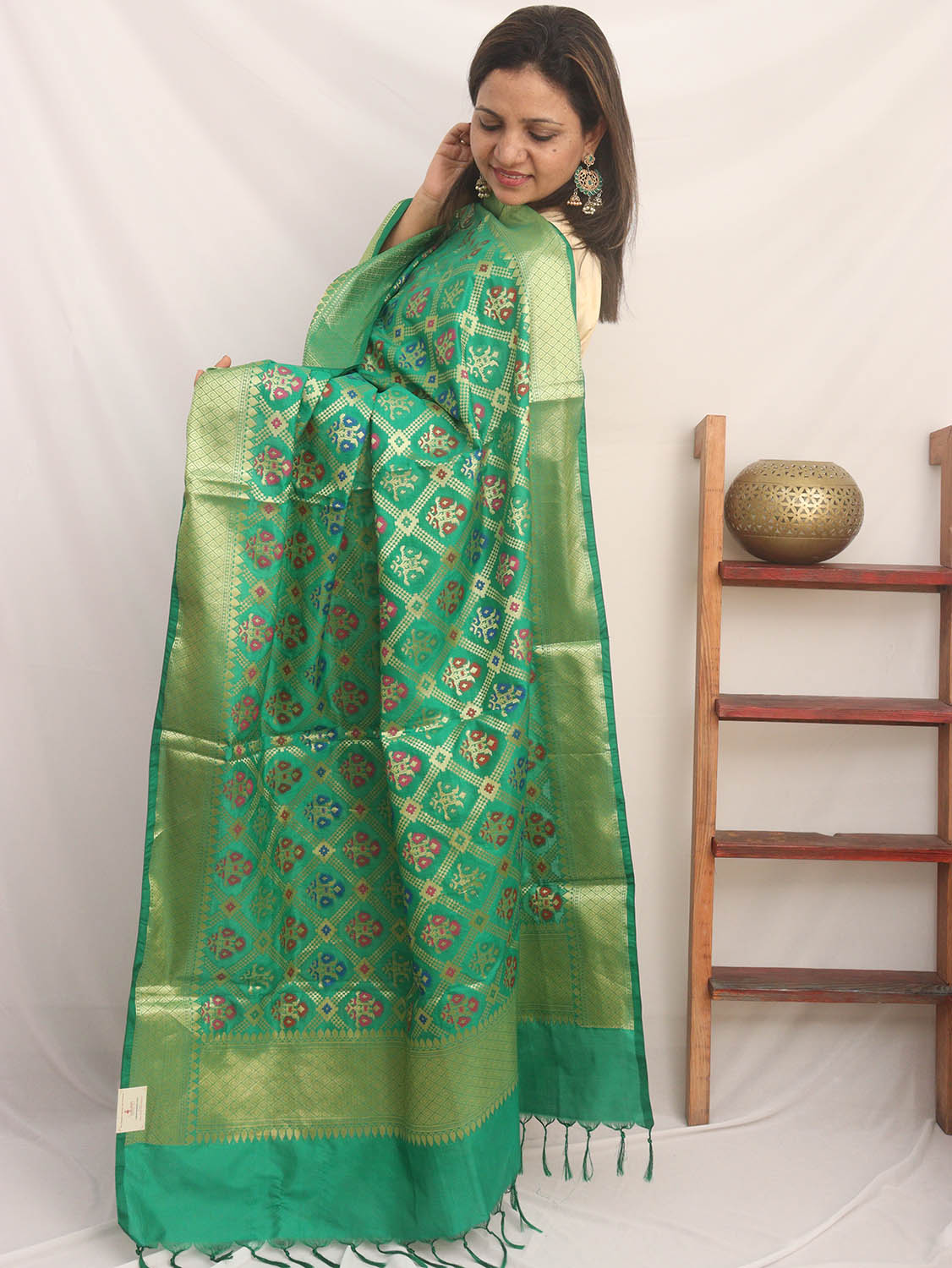 Green Banarasi Silk Patola Design Dupatta - Luxurion World